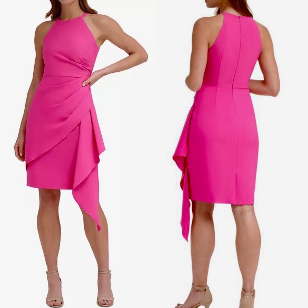 VINCE CAMUTO BARBIE PINK 
Halter Side Ruffle
Sheath Dress SIZE 4P Petite